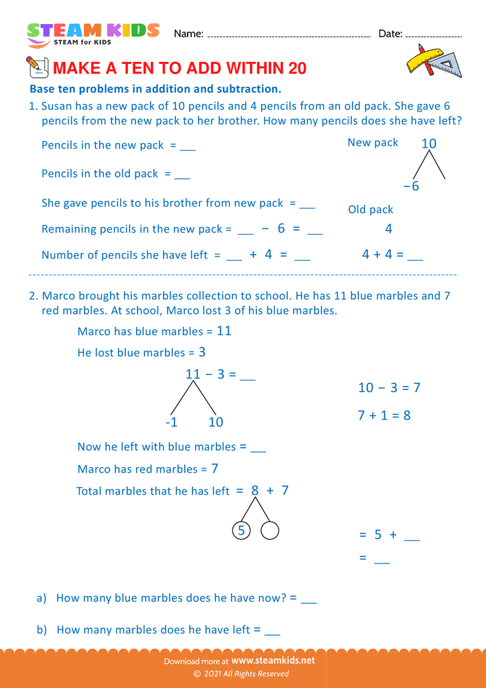 Free Math Worksheet - Make a ten to add with in 20 - Worksheet 17