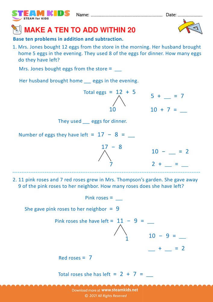 Free Math Worksheet - Make a ten to add with in 20 - Worksheet 18