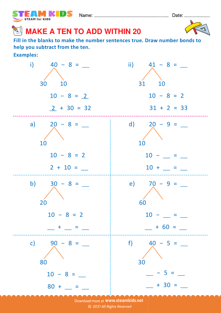 Free Math Worksheet - Make a ten to add with in 20 - Worksheet 19