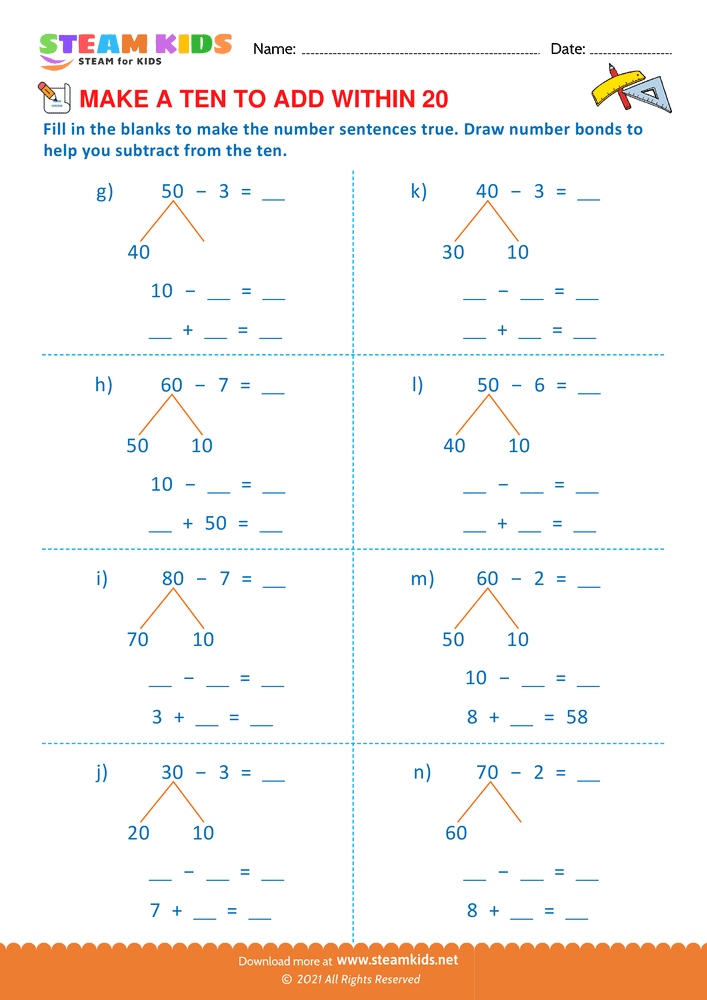 Free Math Worksheet - Make a ten to add with in 20 - Worksheet 20