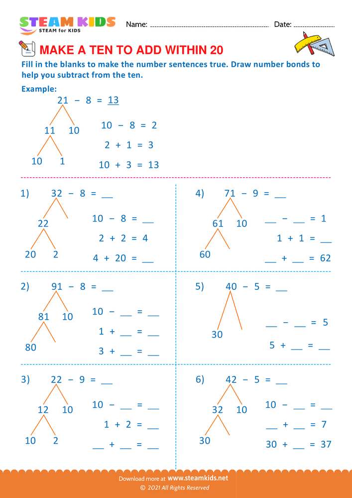 Free Math Worksheet - Make a ten to add with in 20 - Worksheet 21