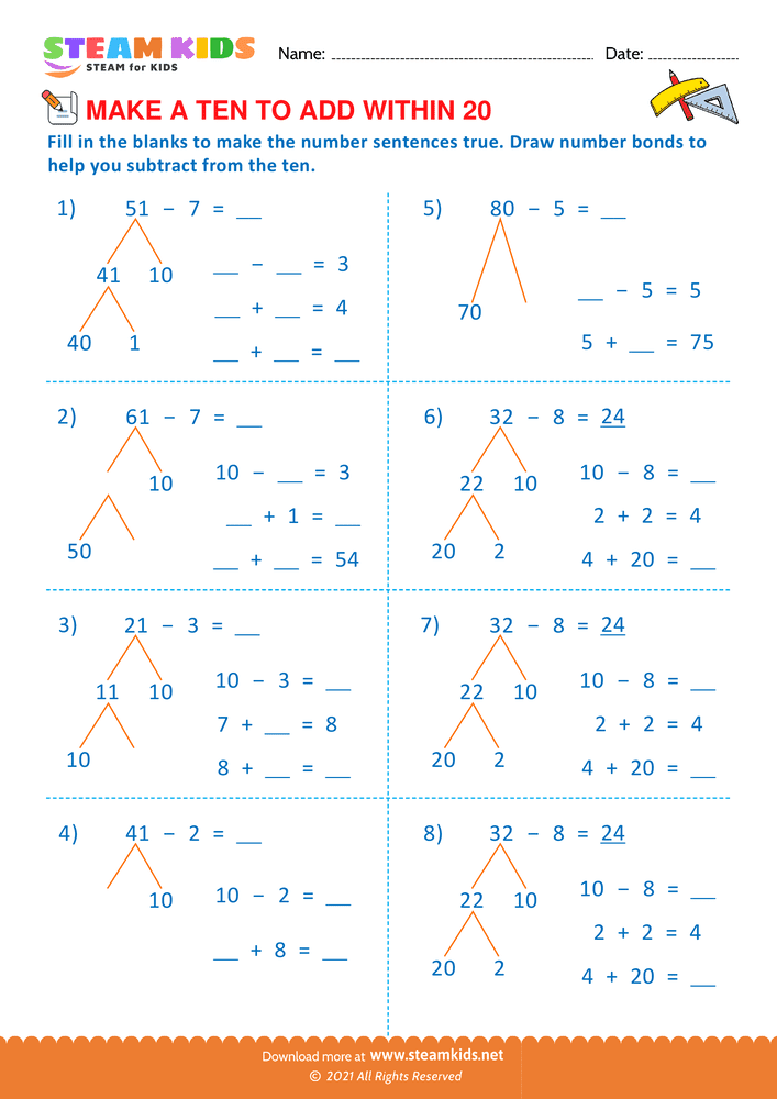 Free Math Worksheet - Make a ten to add with in 20 - Worksheet 22