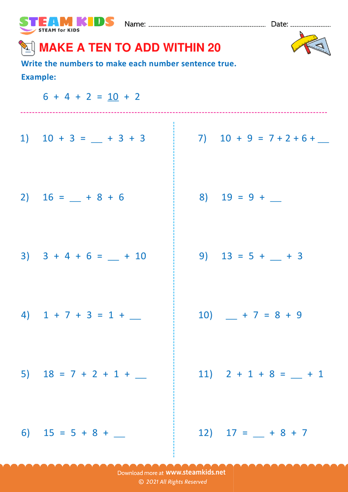Free Math Worksheet - Make a ten to add with in 20 - Worksheet 23