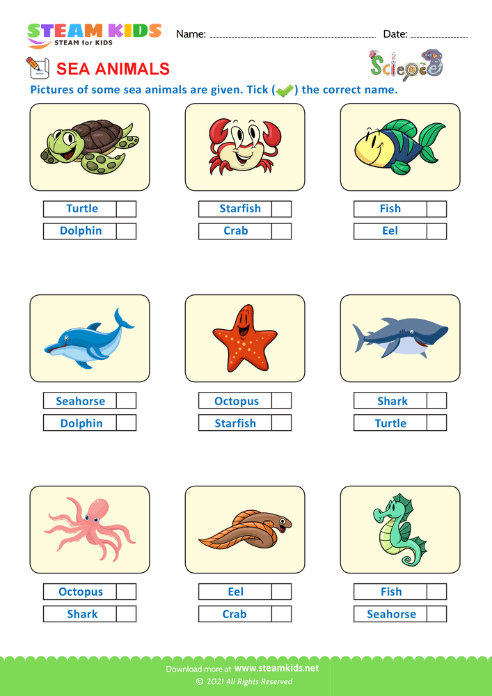 Free Science Worksheet - Sea Animals - Worksheet 3