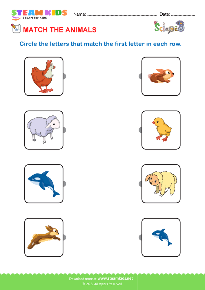 Free Science Worksheet - Match the Animals - Worksheet 2 - STEAM KIDS