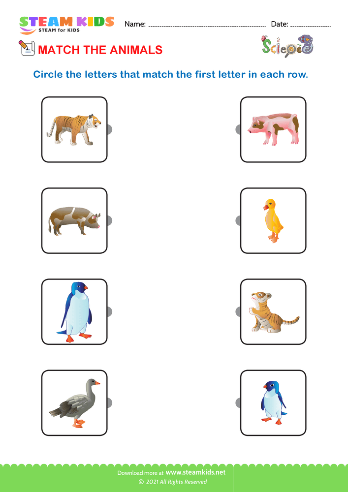 Free Science Worksheet - Match the Animals - Worksheet 4 - STEAM KIDS