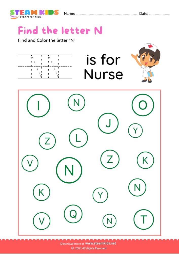 Free English Worksheet - Find and Color letter N