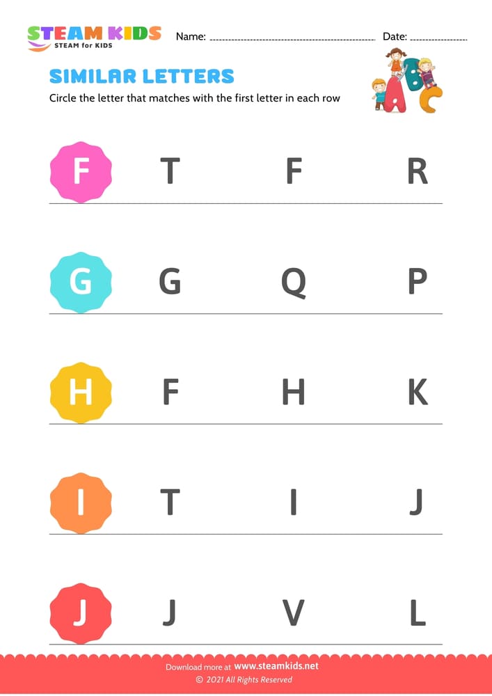 Free English Worksheet - Letters that look similar uppercase (F-J)