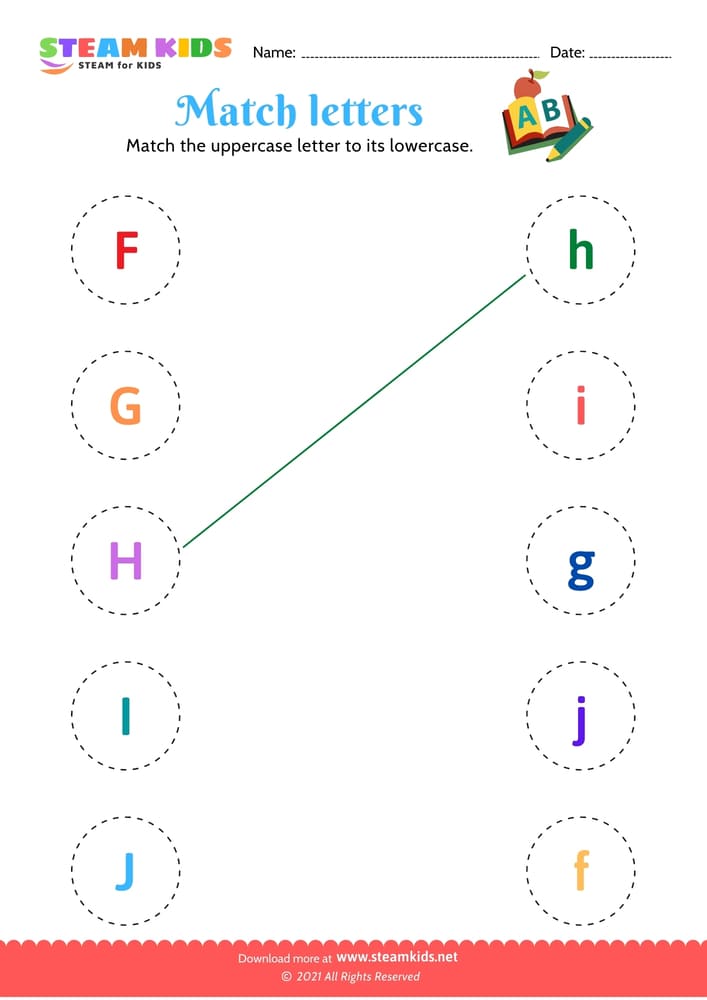 Free English Worksheet - Match upper and lowercase letters (f-j)