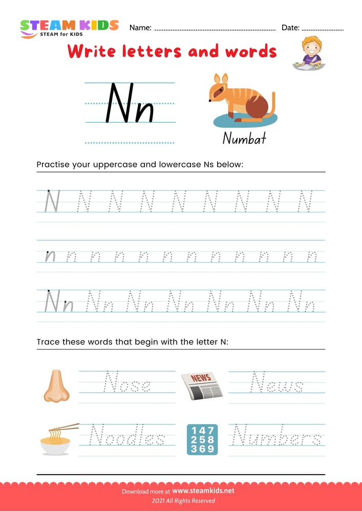 Free English Worksheet - Write letters and words -  N/n