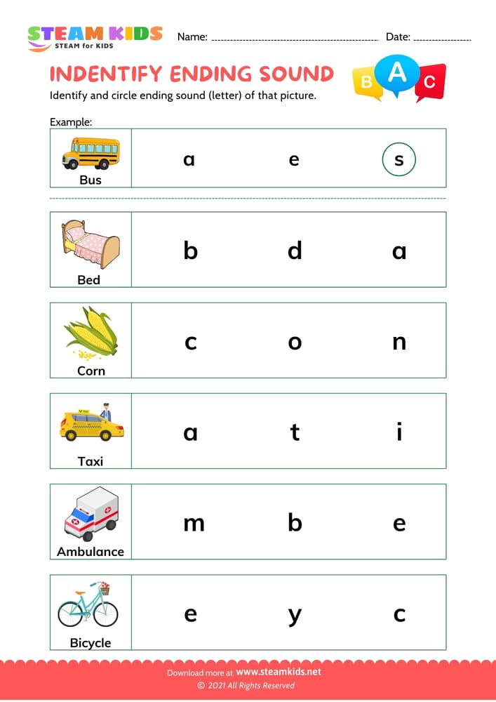 Free English Worksheet - Indentify Ending Sounds - Worksheet 2