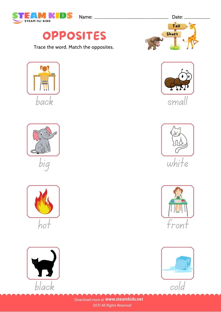 Free English Worksheet - Opposite Words - Worksheet 2 - STEAM KIDS