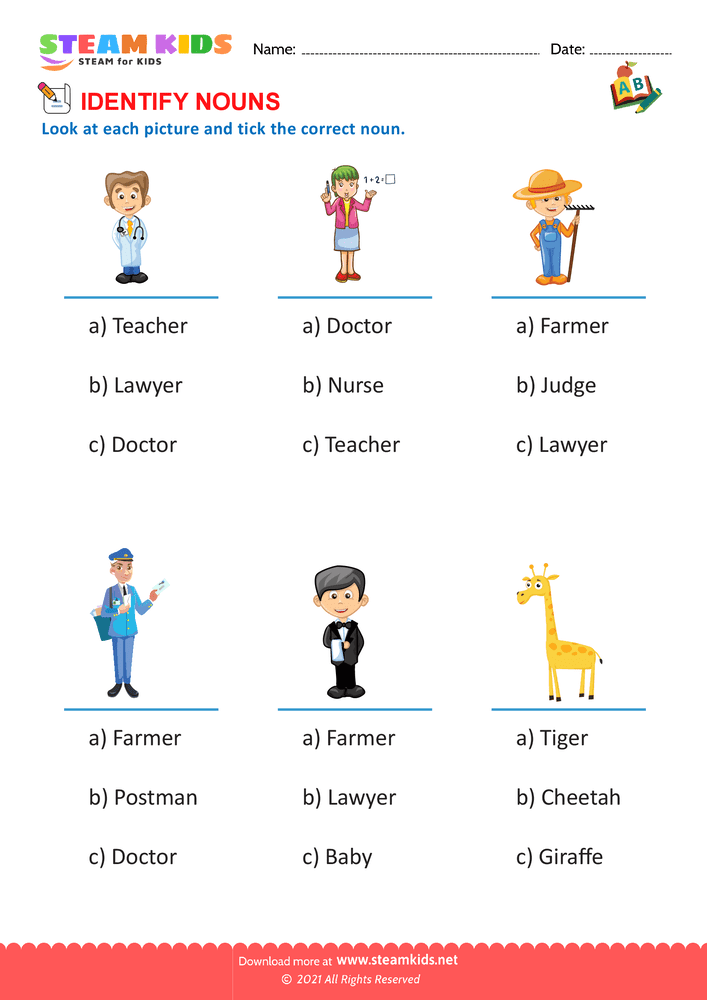 Free English Worksheet - Identify Nouns - Worksheet 1