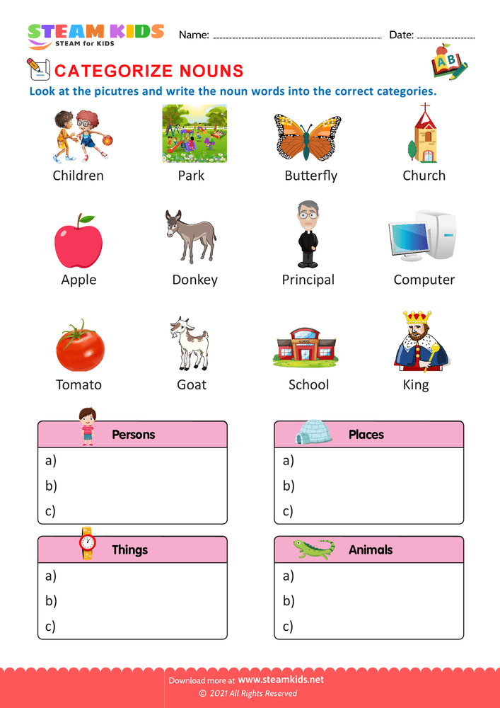 Free English Worksheet - Categorize nouns - Worksheet 1