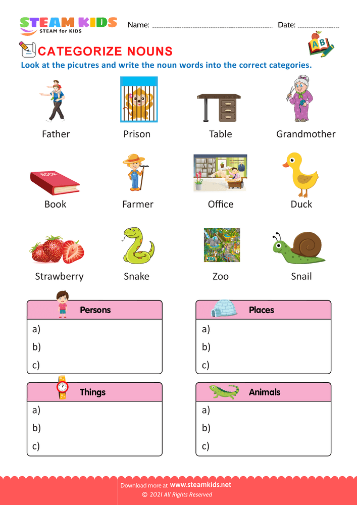 Free English Worksheet - Categorize nouns - Worksheet 4