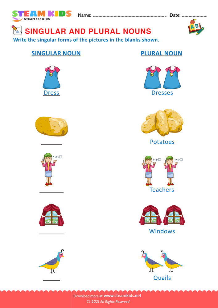 Free English Worksheet - Singular and Plural Nouns - Worksheet 5