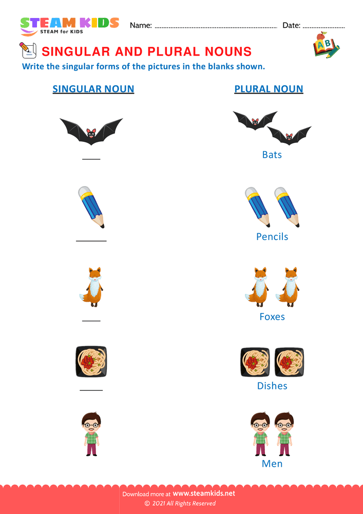 Free English Worksheet - Singular and Plural Nouns - Worksheet 6