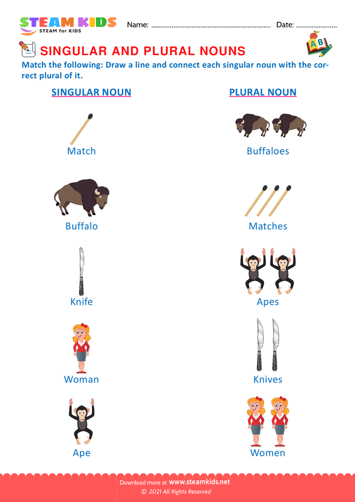 Free English Worksheet - Singular and Plural Nouns - Worksheet 10
