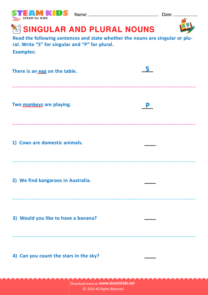 Free English Worksheet - Singular and Plural Nouns - Worksheet 11