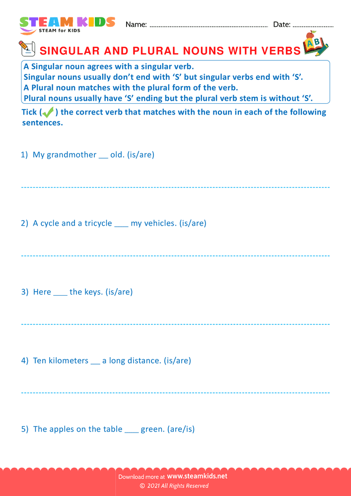 Free English Worksheet - Singular and Plural Noun with Verbs - Worksheet 2