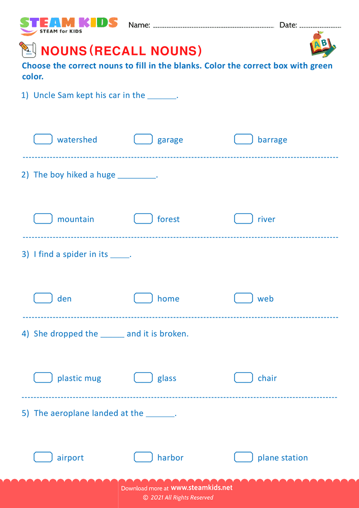 Free English Worksheet - Recall nouns - Worksheet 2
