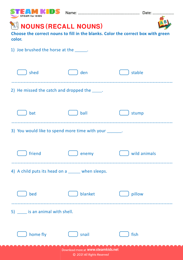 Free English Worksheet - Recall nouns - Worksheet 3