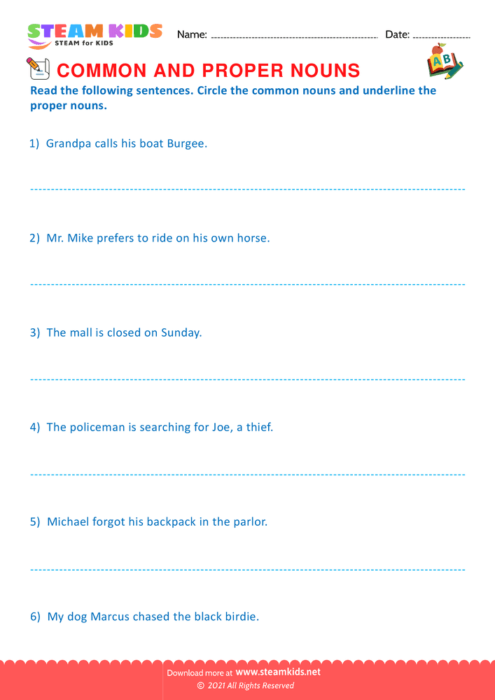 Free English Worksheet - Proper and Common Nouns - Worksheet 5