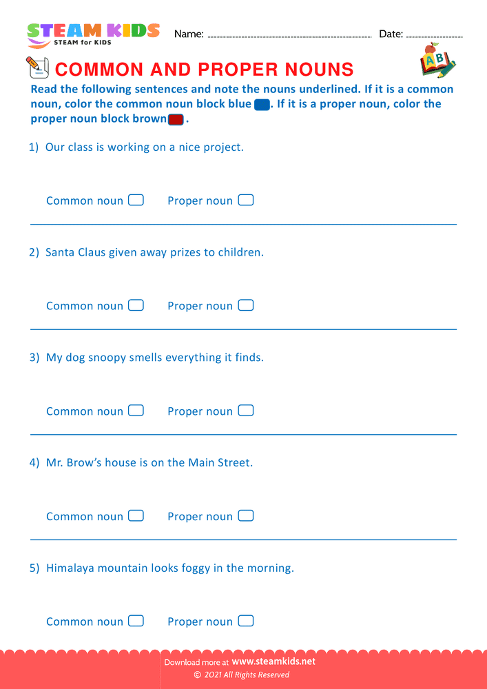 Free English Worksheet - Proper and Common Nouns - Worksheet 13