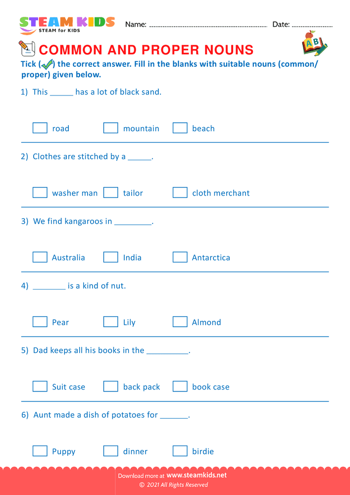 Free English Worksheet - Proper and Common Nouns - Worksheet 16 - STEAM ...