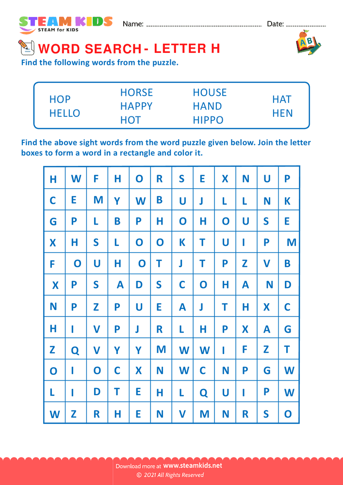 Free English Worksheet - Word Search - Worksheet Letter H