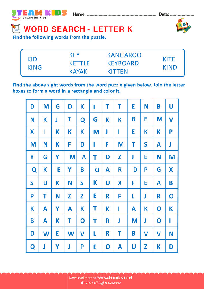 Free English Worksheet - Word Search - Worksheet Letter K