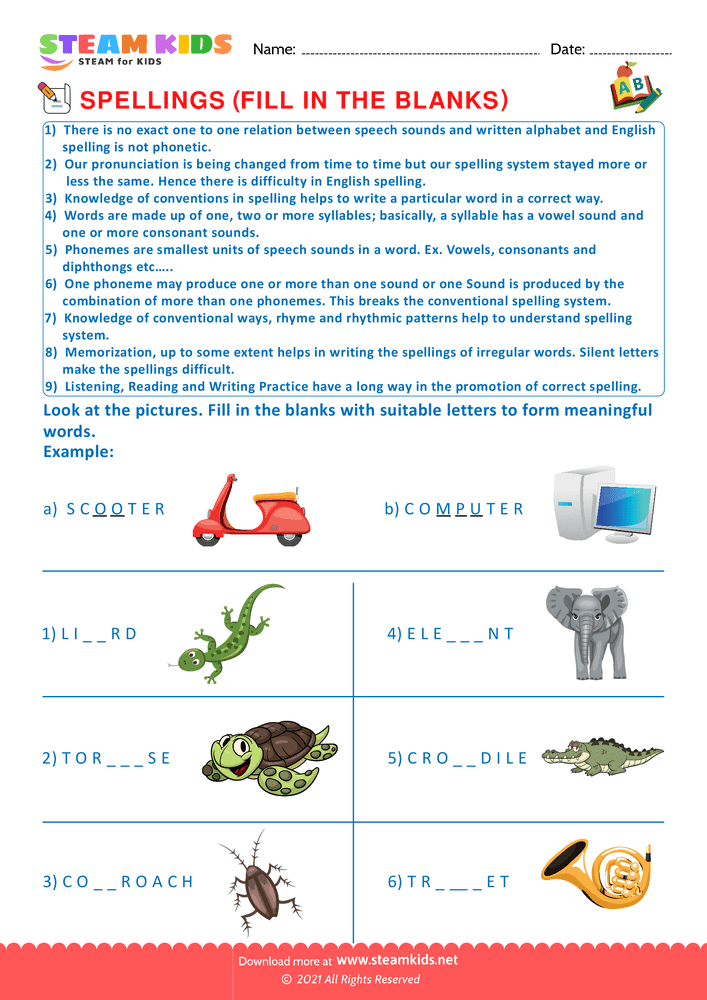 Free English Worksheet - Filling blanks - Worksheet 1