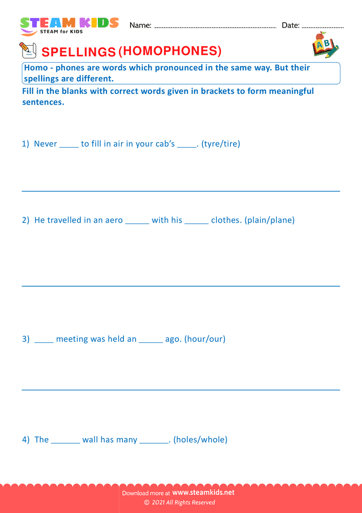 Free English Worksheet - Spellings Homophones G2 - Worksheet 2