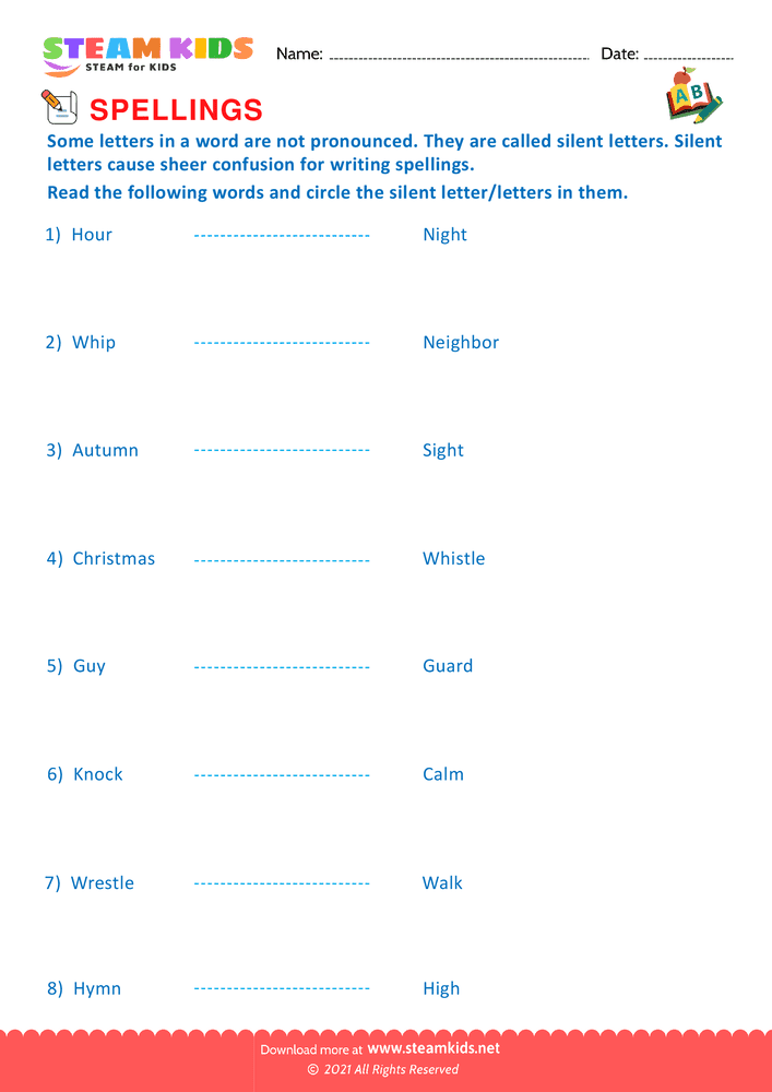 Free English Worksheet - Spellings - Worksheet Silent letters - Worksheet 3