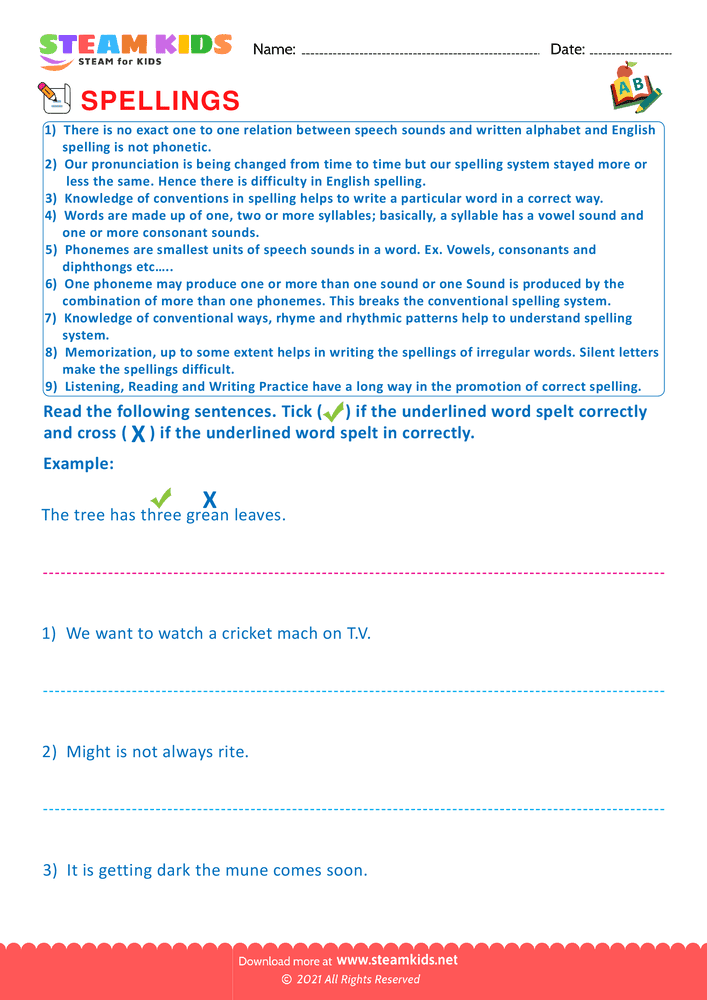 Free English Worksheet - Conventional Spelling For Words - Worksheet 1