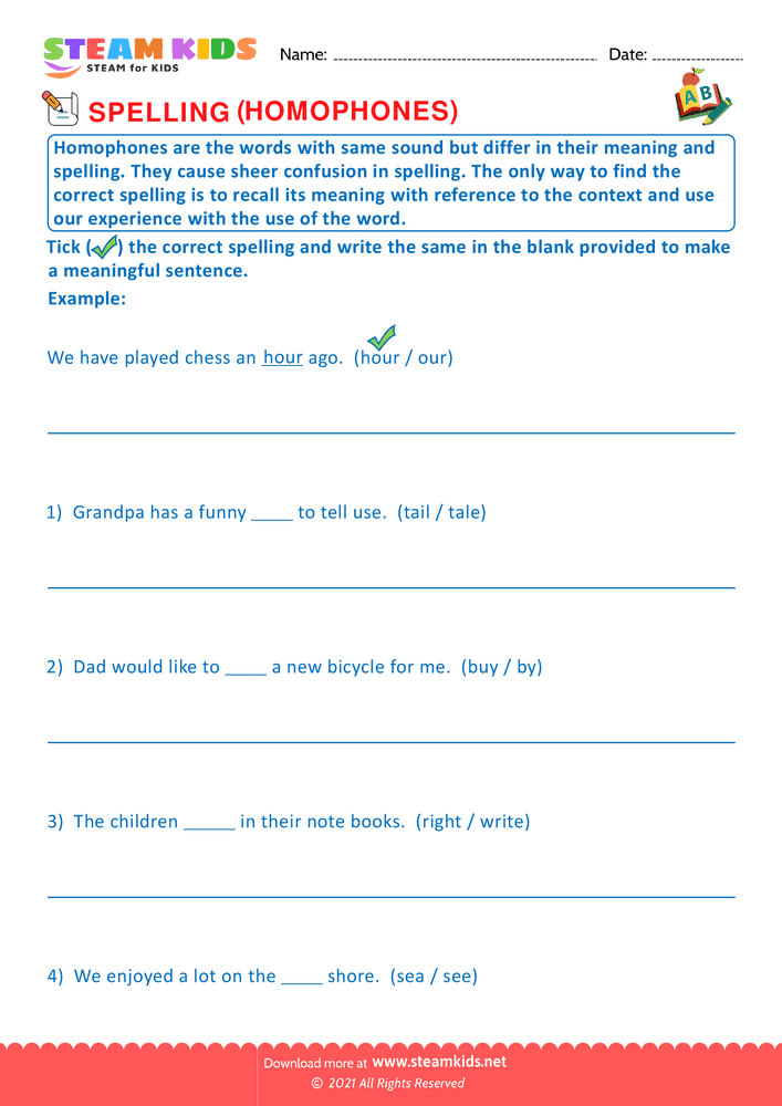 Free English Worksheet - Spellings Homophones G2 - Worksheet 3