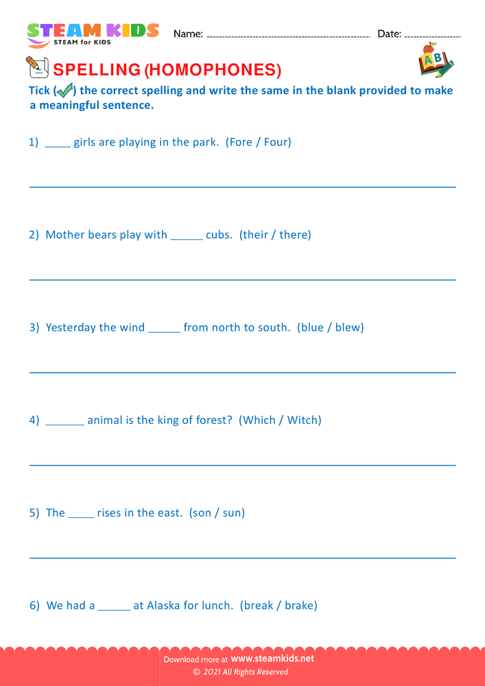 Free English Worksheet - Spellings Homophones G2 - Worksheet 4