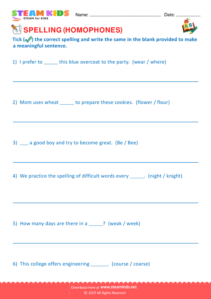 Free English Worksheet - Spellings Homophones G2 - Worksheet 5