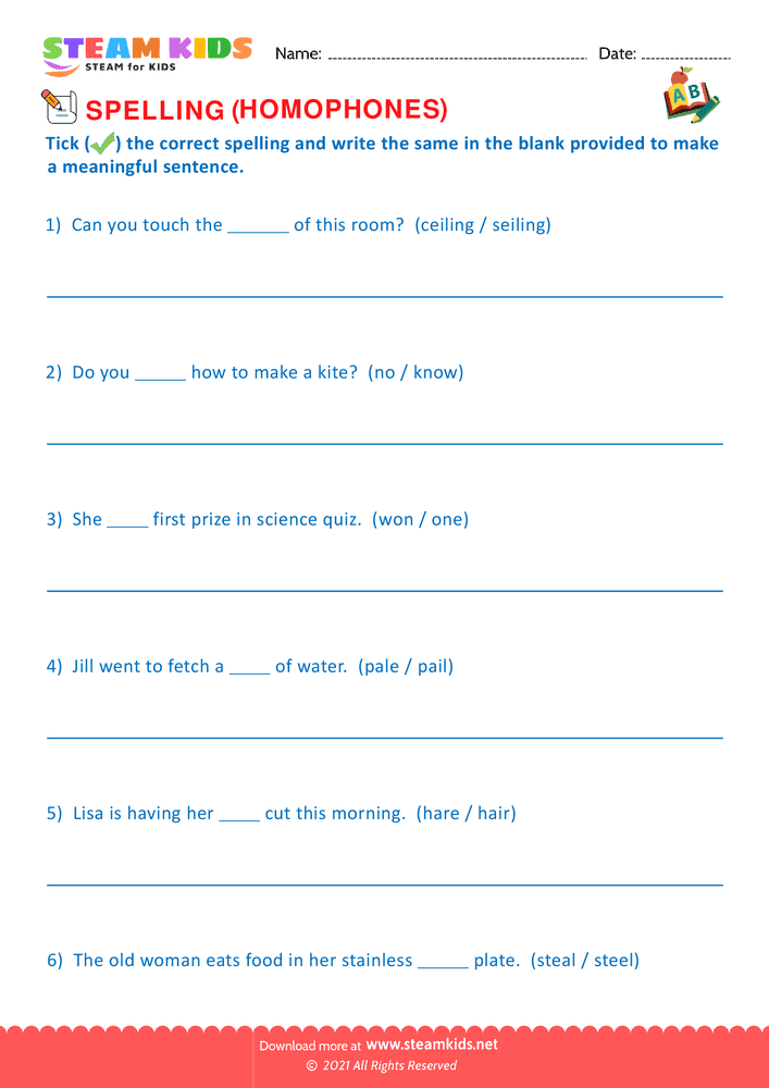 Free English Worksheet - Spellings Homophones G2 - Worksheet 7
