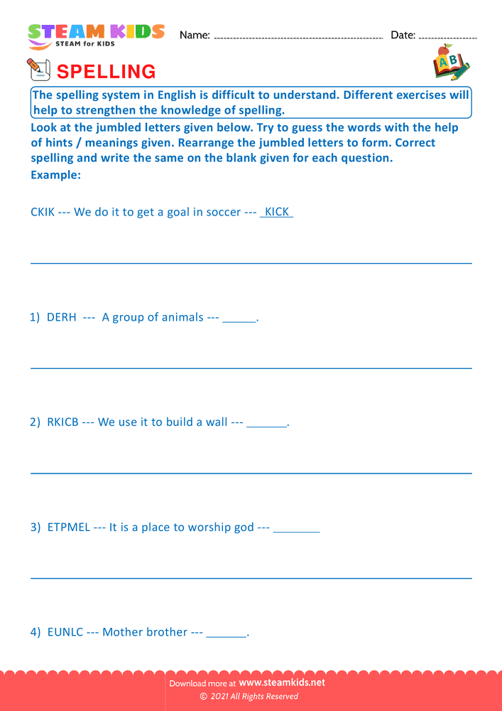 Free English Worksheet - Spellings - Worksheet 1
