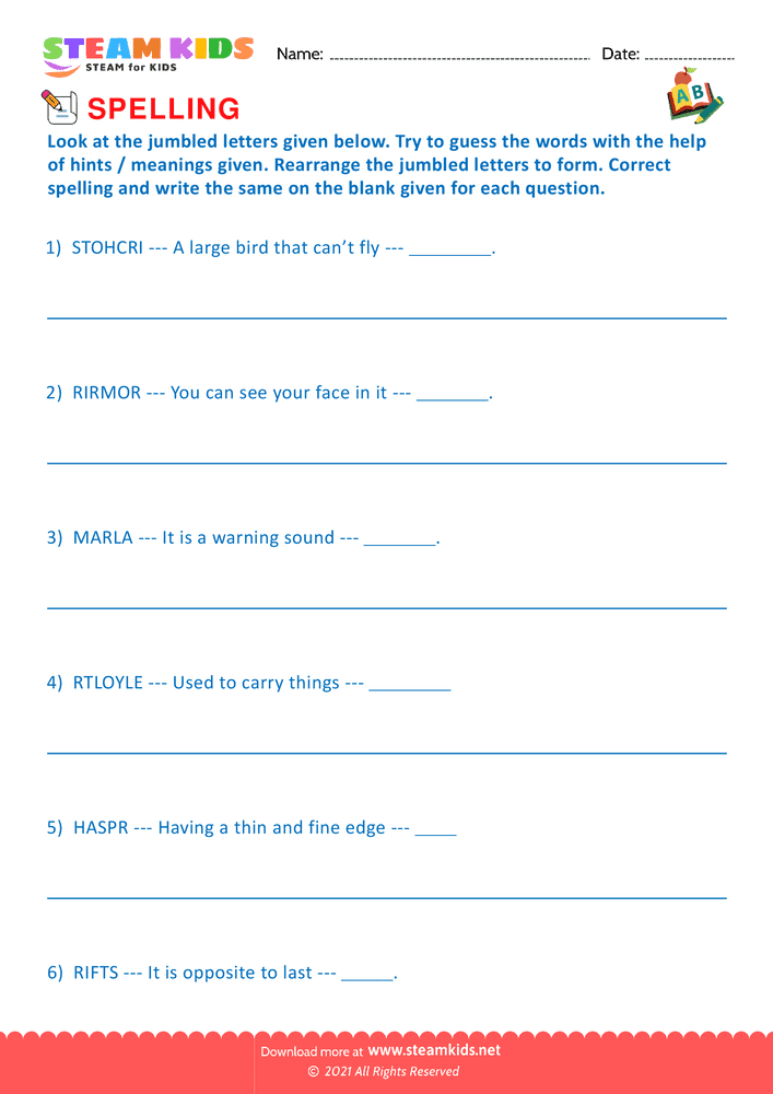 Free English Worksheet - Spellings - Worksheet 3