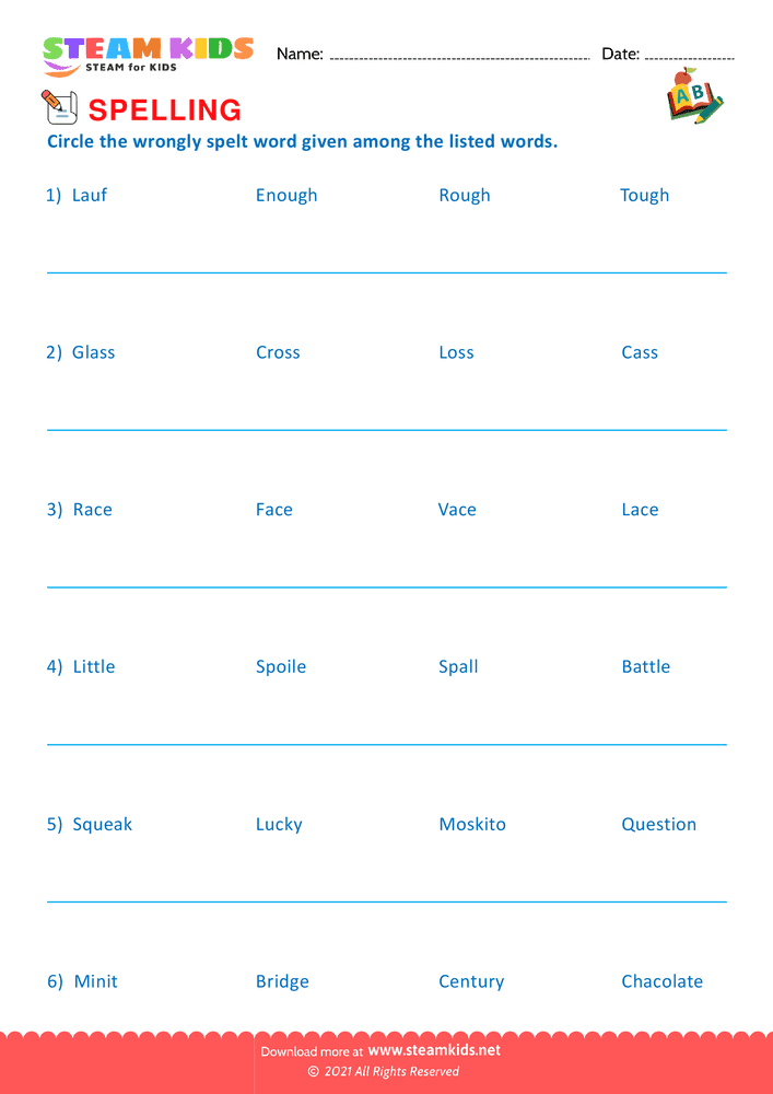 Free English Worksheet - Spellings - Worksheet 6