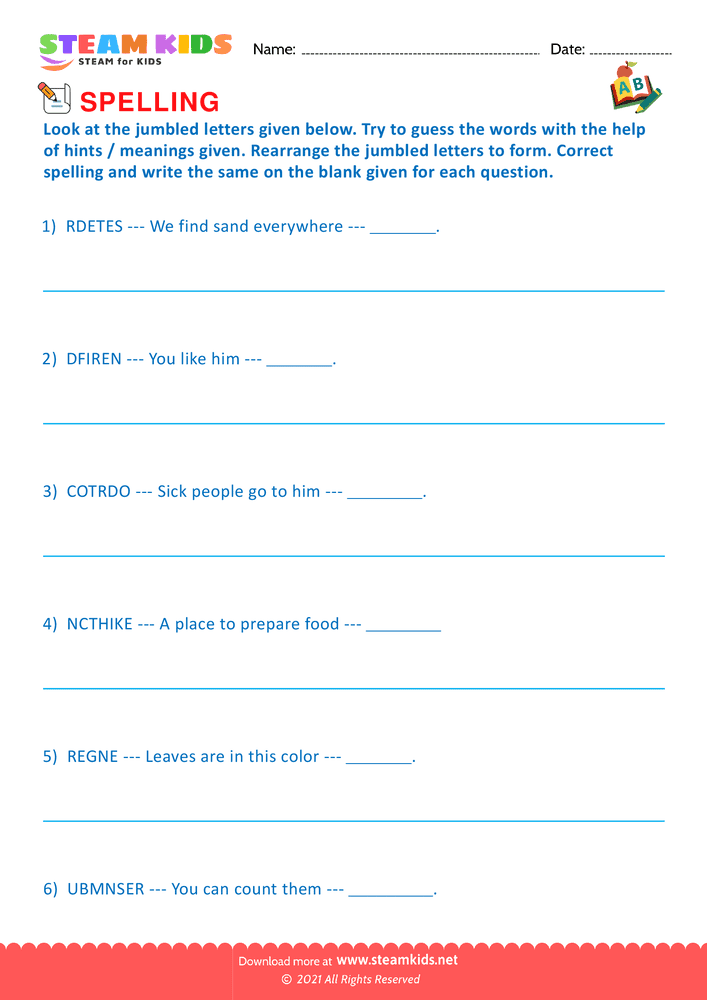 Free English Worksheet - Spellings - Worksheet 7