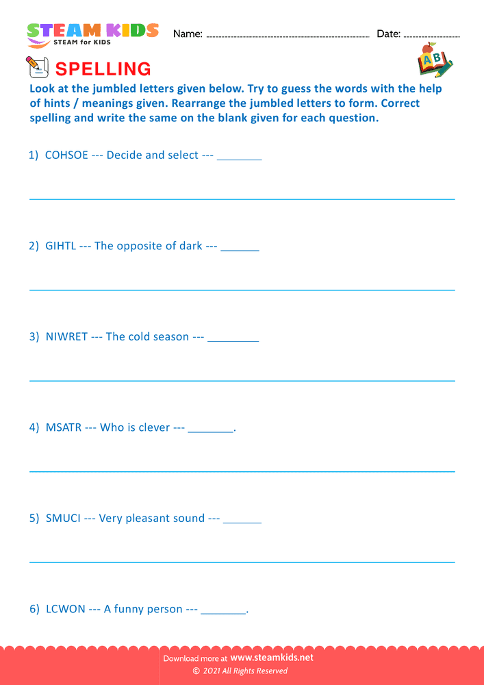 Free English Worksheet - Spellings - Worksheet 8