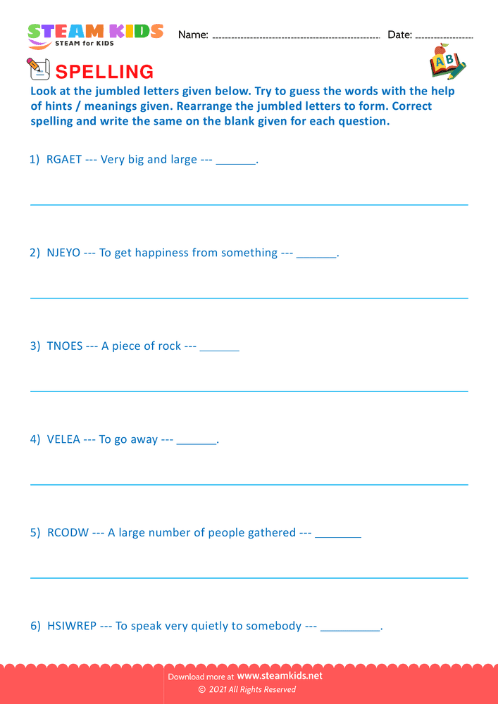 Free English Worksheet - Spellings - Worksheet 10