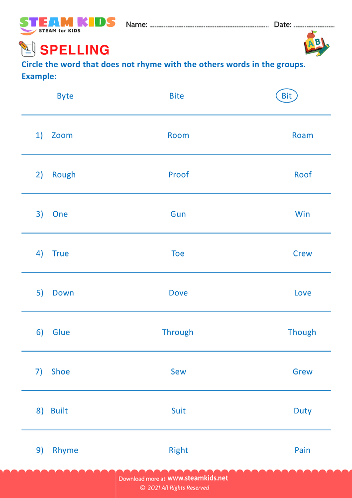 Free English Worksheet - Spellings - Worksheet Rhyming Words - Worksheet 1