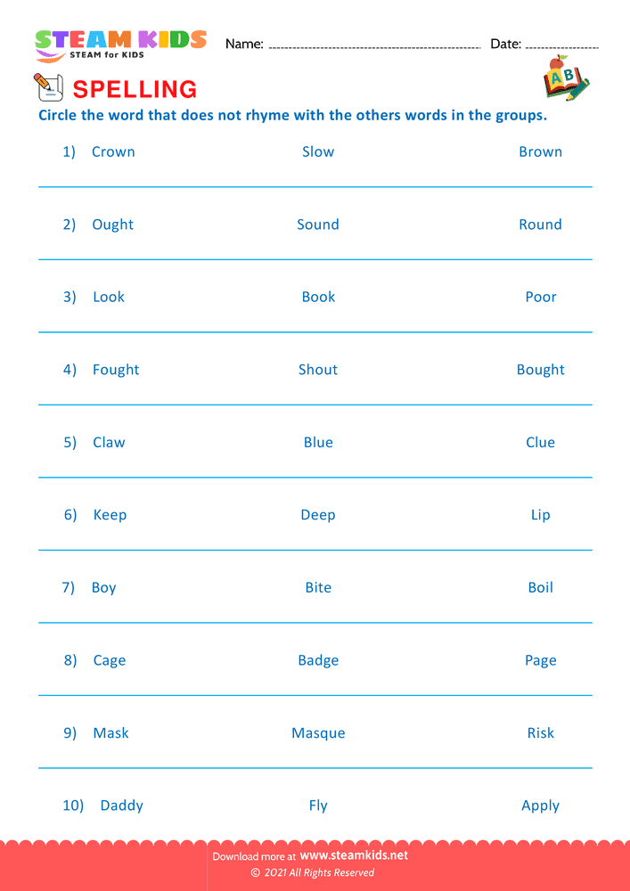 Free English Worksheet - Spellings - Worksheet Rhyming Words - Worksheet 2