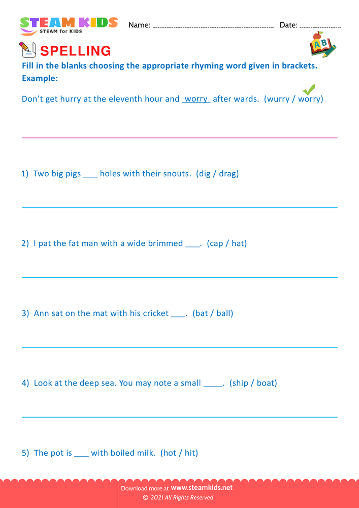 Free English Worksheet - Spellings - Worksheet Rhyming Words - Worksheet 3