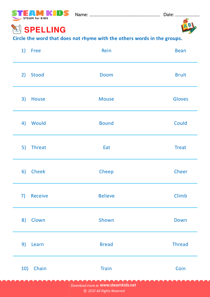 Free English Worksheet - Spellings - Worksheet Rhyming Words - Worksheet 4