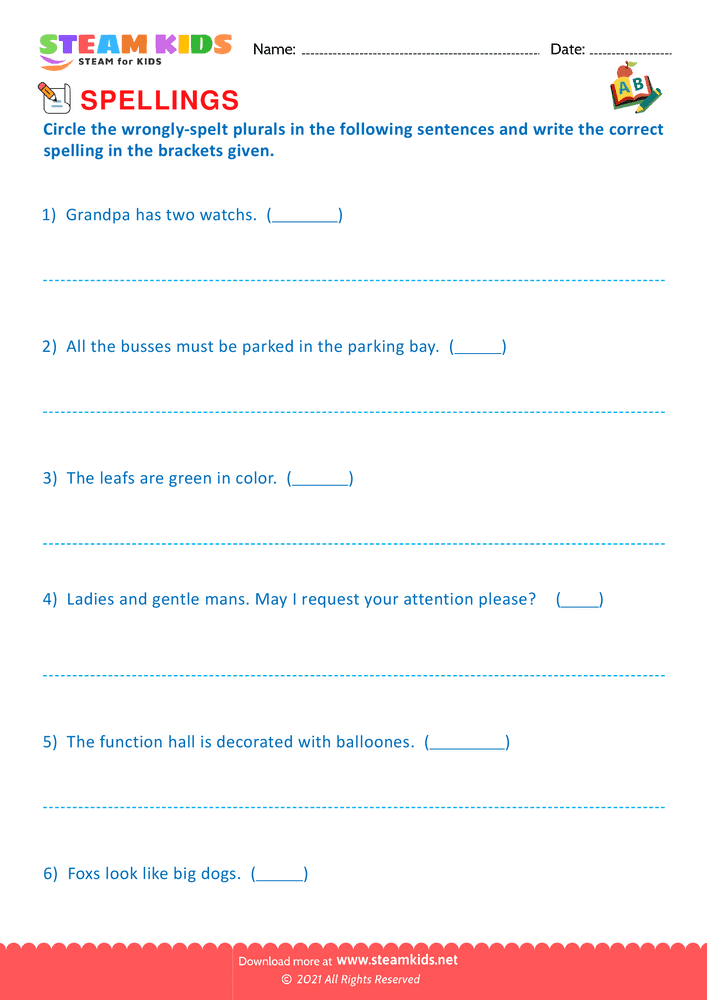 Free English Worksheet - Plurals & Verb Forms - Worksheet 3